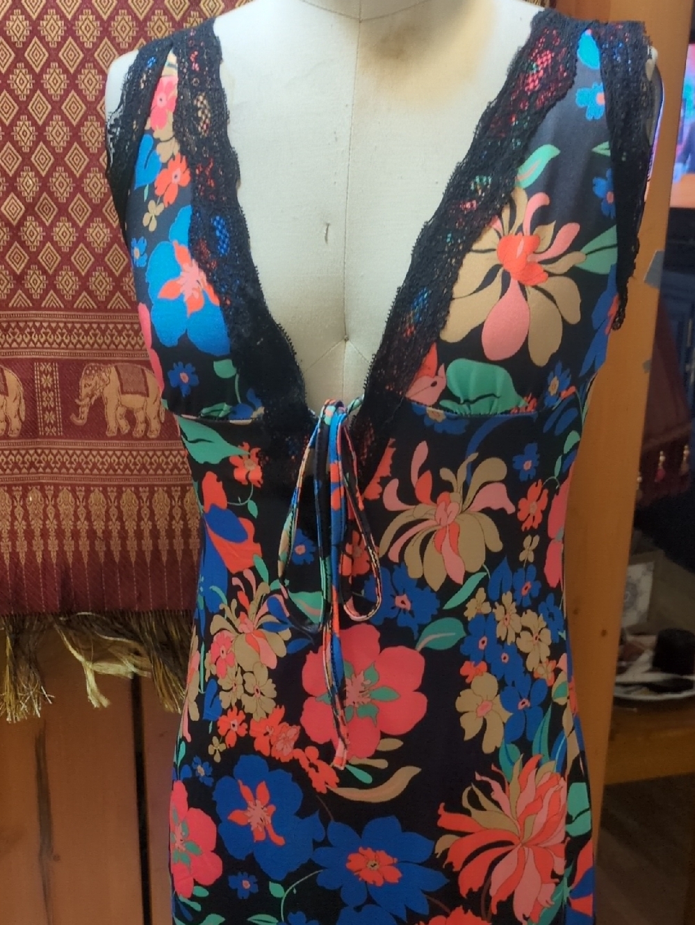 Black Floral Lace-Trim Tie-Front Dress